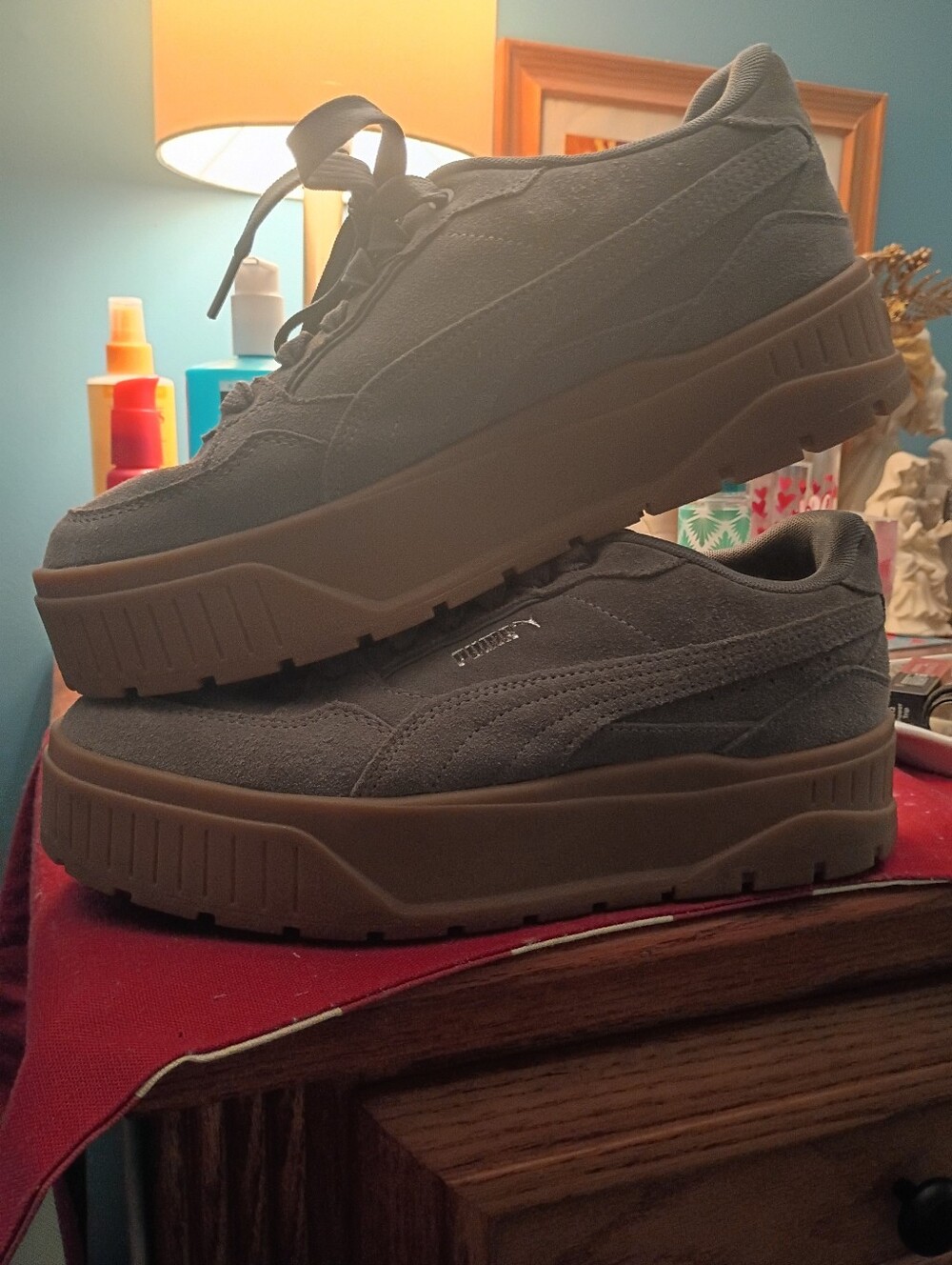 Puma Women's Gray Suede Platform Sneakers with Brown Gum Sole